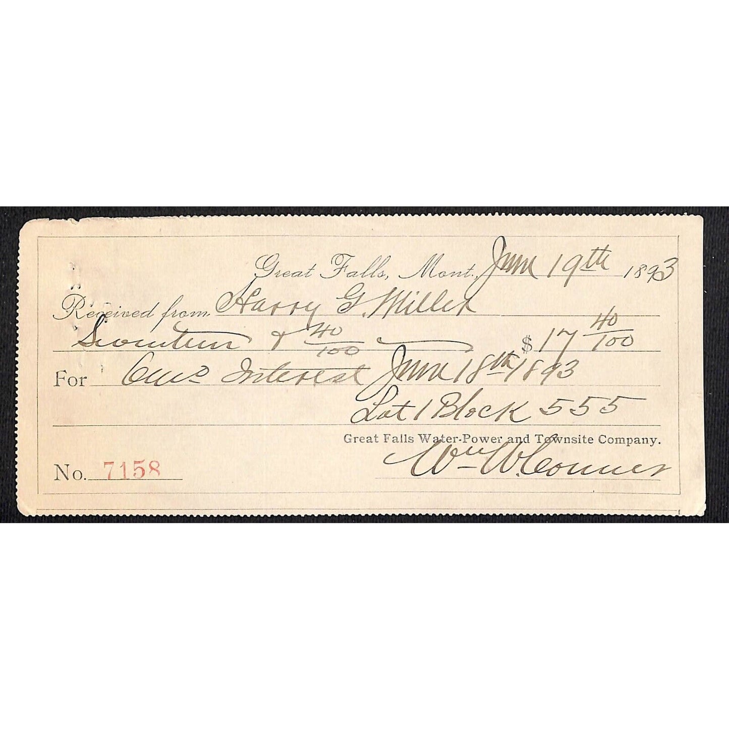 Great Falls Montana Water-Power and Townsite Co. Receipt 1893 $17.40