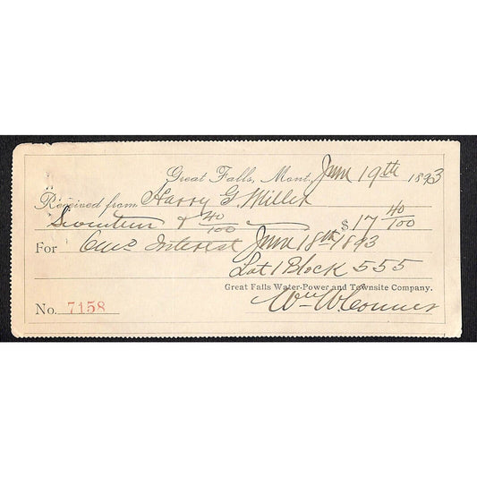Great Falls Montana Water-Power and Townsite Co. Receipt 1893 $17.40