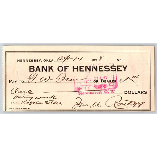 Hennessey, OK Territorial 1893 "Bank of Hennessey" Bank Check - Scarce