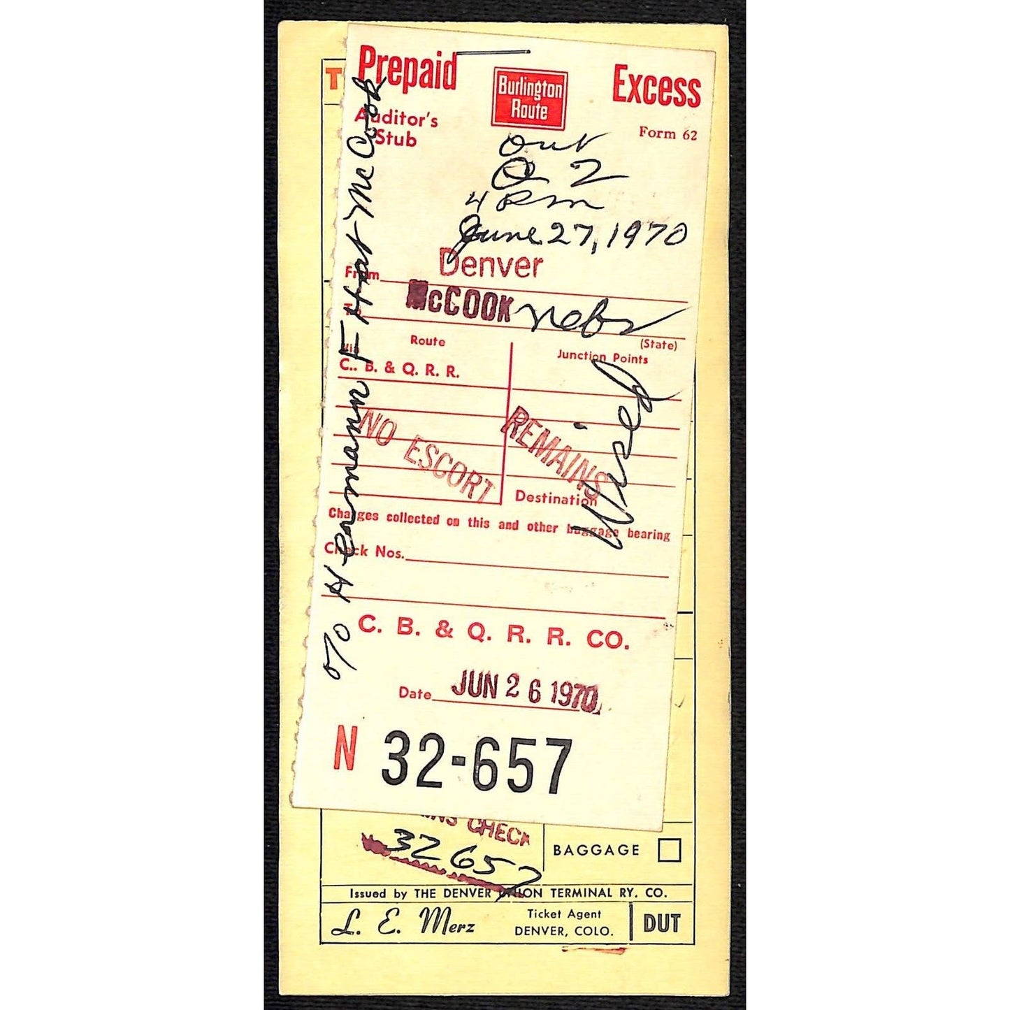 1970 Burlington Route Prepaid Excess / Deceased Remains Check 32-657 VGC