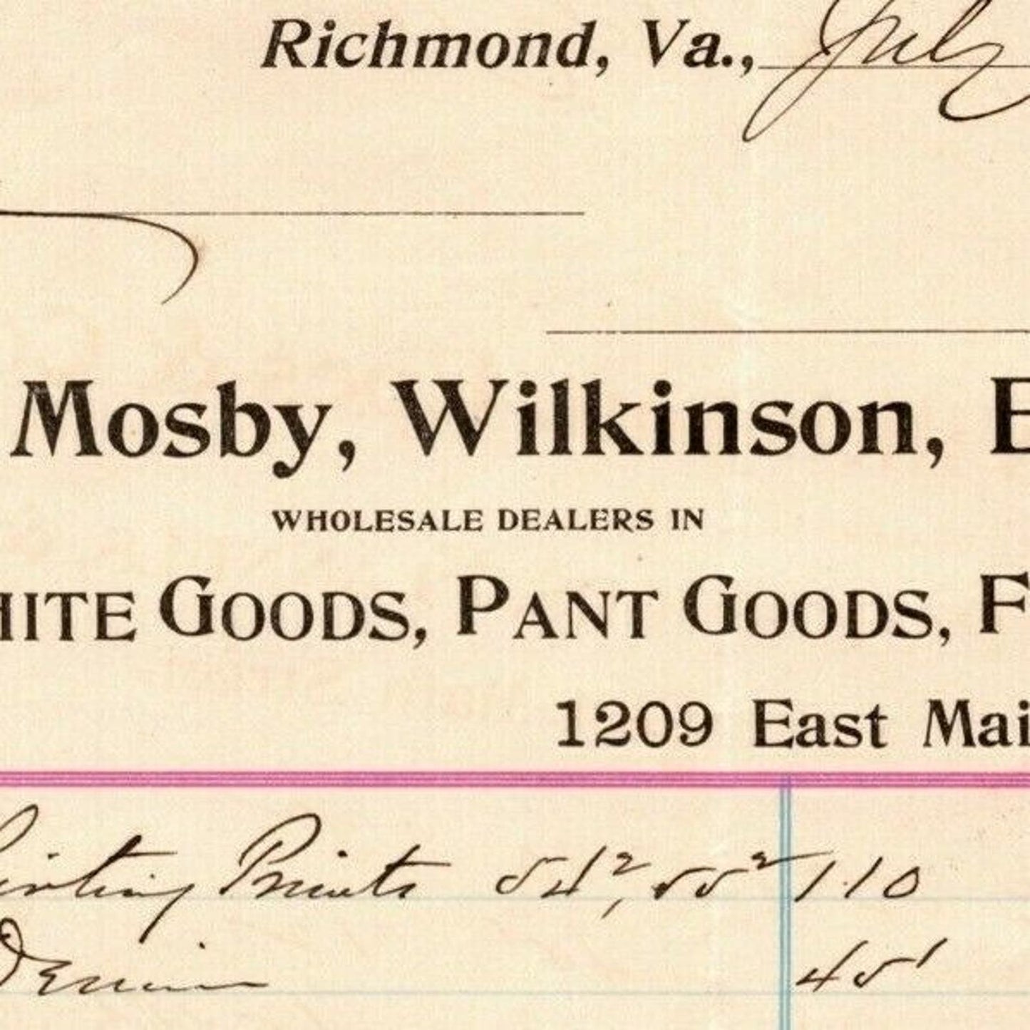 Mosby, Wilkinson, Epes & Co. Richmond, VA Letterhead to Geo. E. Wear 1899