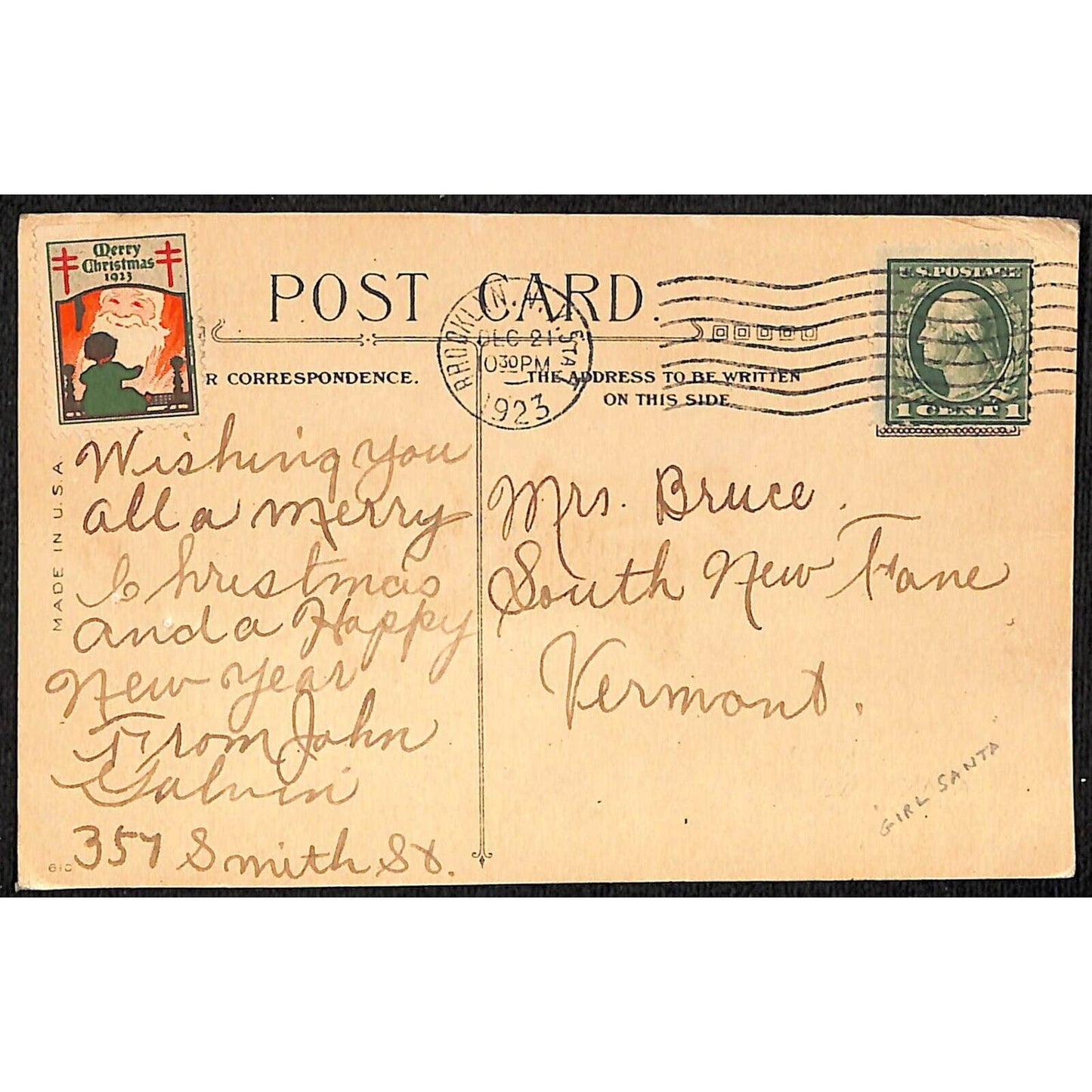 Merry Christmas Old Time Wish Postcard Happy Child Holds Sock of Gifts PM 1925
