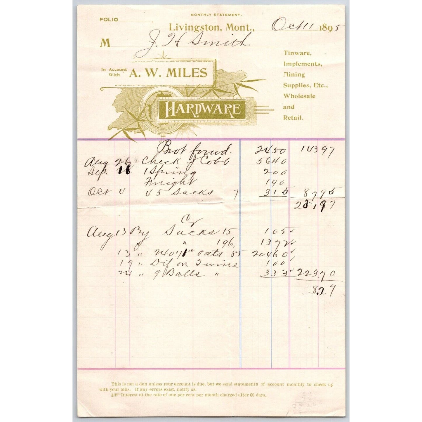 Livingston, MT A.W. Miles Hardware Mining Supplies 1895 Billhead VGC
