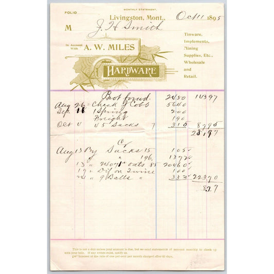 Livingston, MT A.W. Miles Hardware Mining Supplies 1895 Billhead VGC
