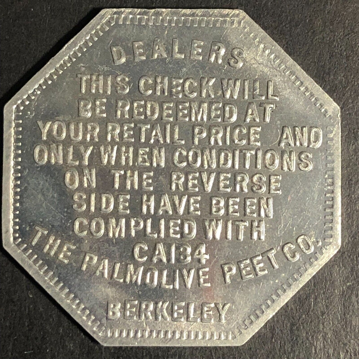 Crystal White / Peets Soap Aluminum Trade Token Free Hexagon 32.6mm c1926-30's