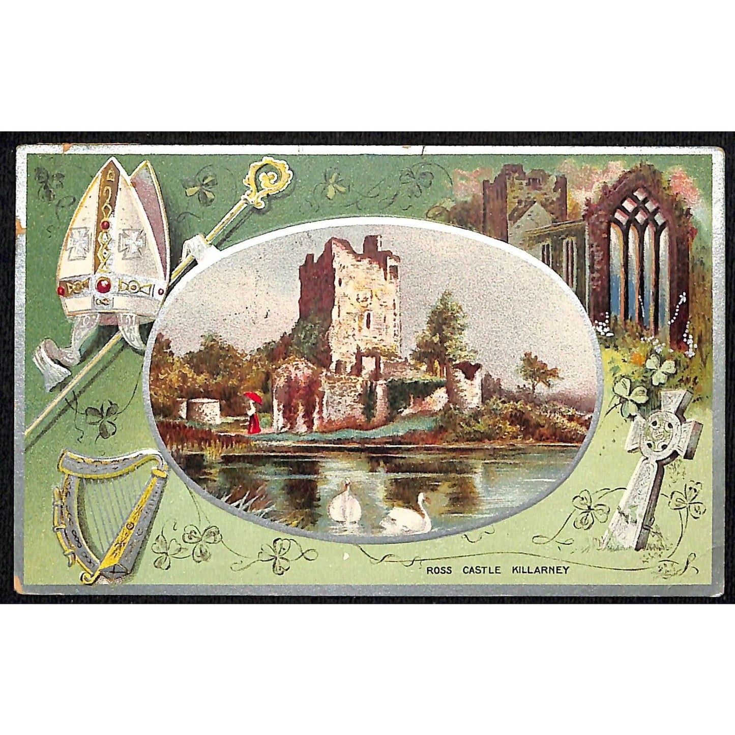 Ireland Postcard Ross Castle, Killarney Harp Cross Church Emboss Gilt c1909-15