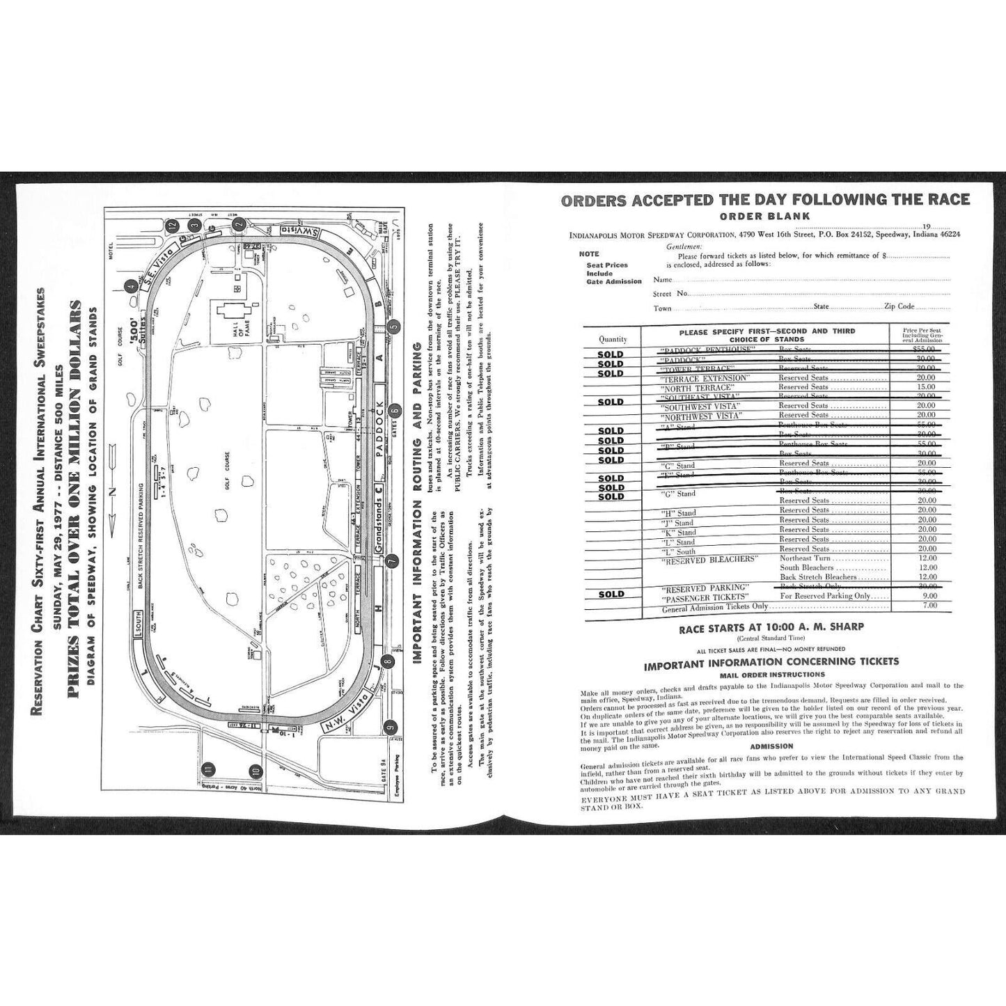 1977 Indy 500 Indianapolis IMS Unused Ticket Info Order Form Sheet w/ Map Scarce
