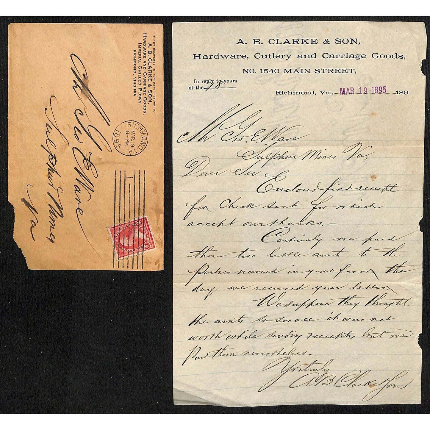 A.B. Clarke & Son Hardware Letterhead Richmond, VA to Geo. E. Wear 1895