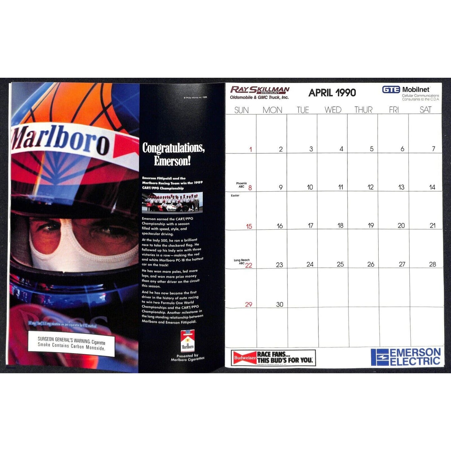 1990 Indy 500 PPG CDA Championship Drivers Assoc. Calendar w/ Emerson Fittipaldi
