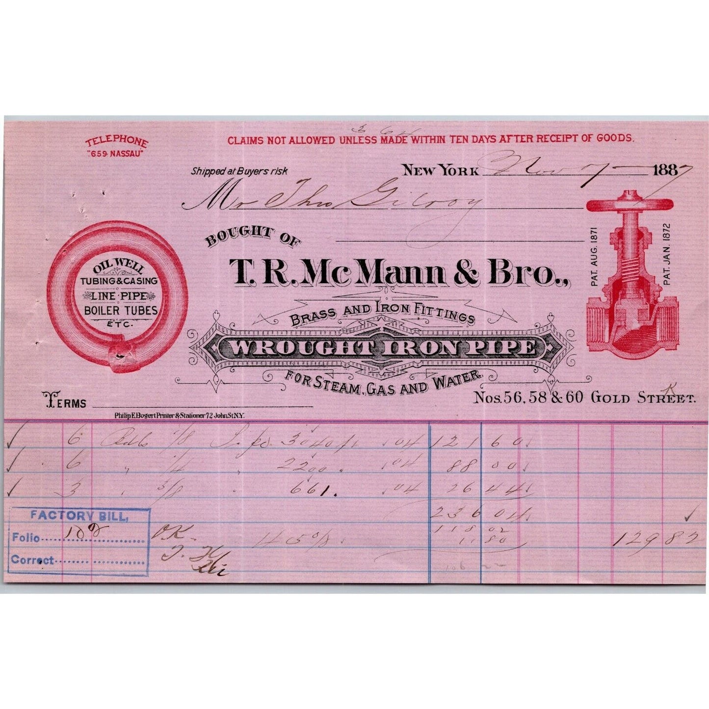 1887 "T. R. Mc Mann & Bros., Wrought Iron Pipe" Billhead Letterhead Gold St, NYC