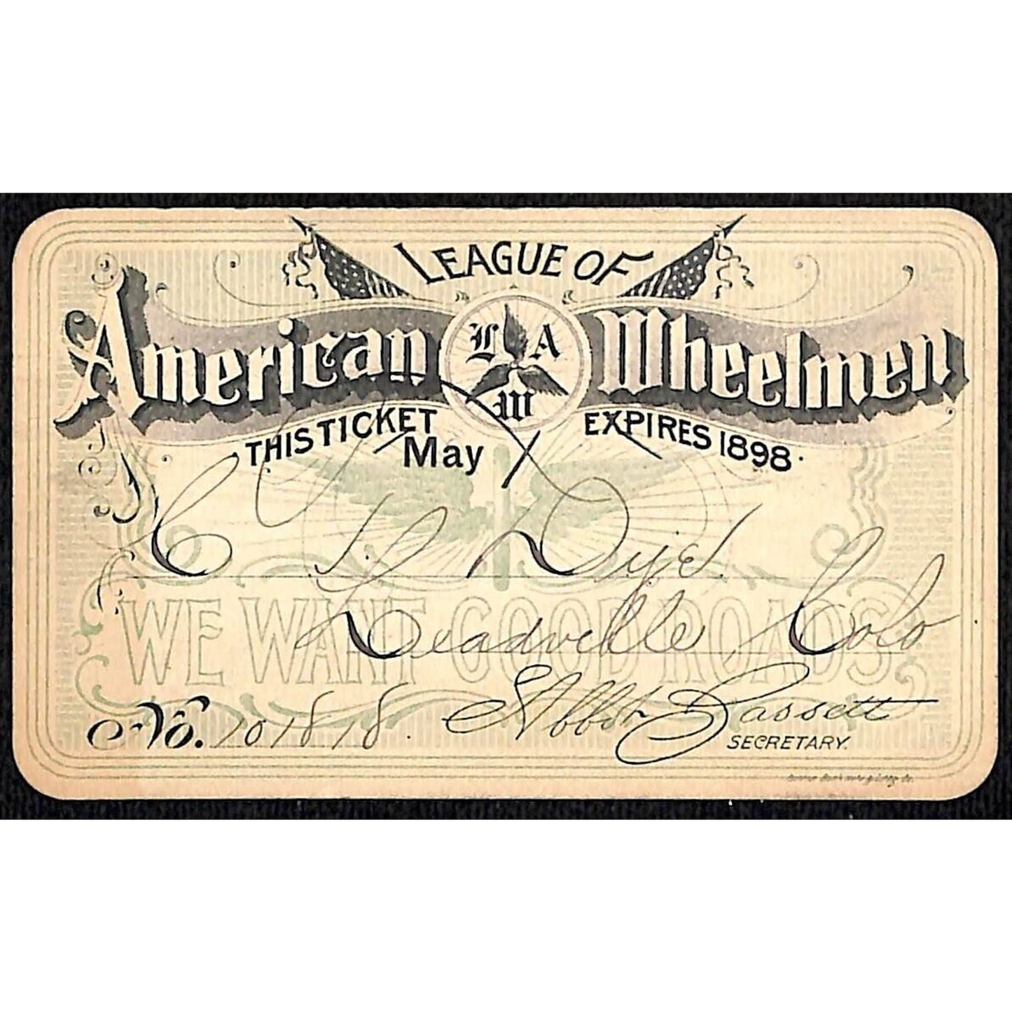 1898 American League of Wheelmen Leadville CO "We Want Good Roads" Ticket Scarce