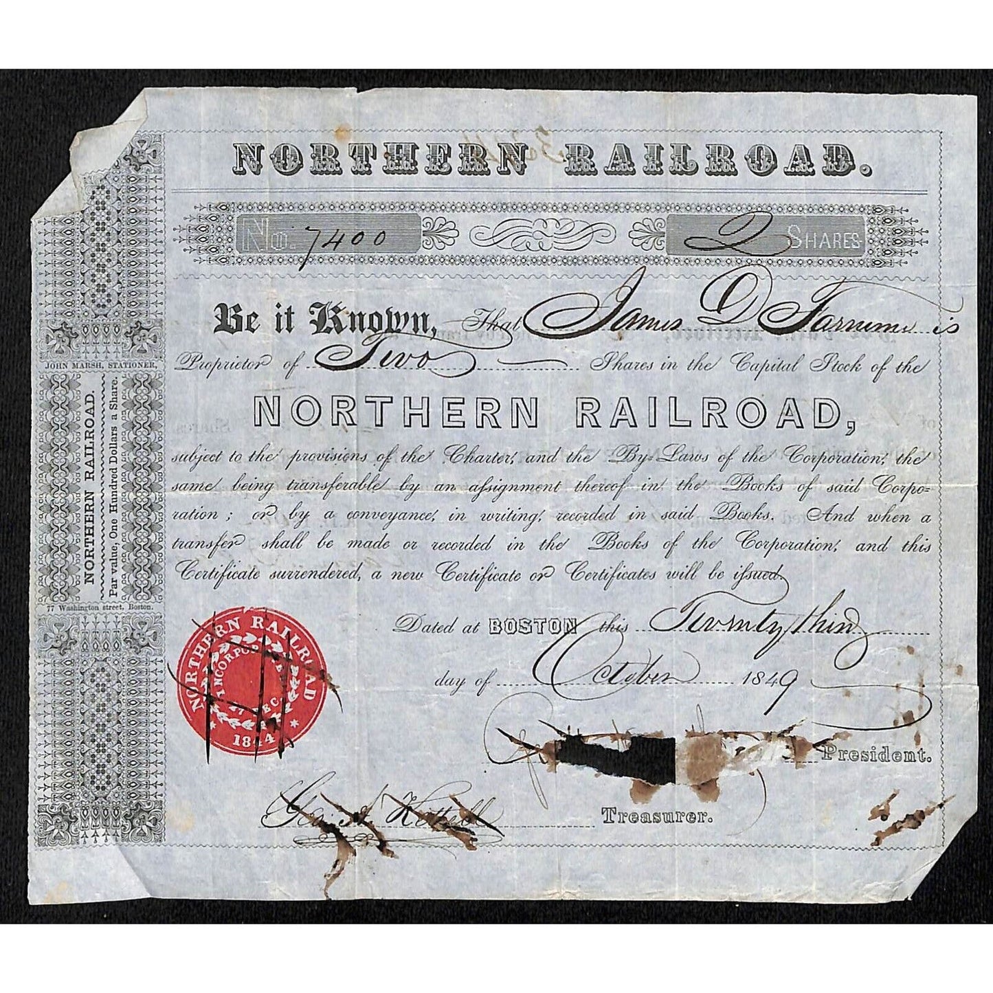 1849 Boston, MA Northern Railroad Stock Certificate No. 7400 for 2 Shares