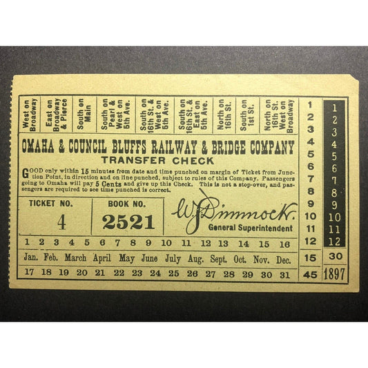 1897 Omaha & Council Bluffs Railway & Bridge Co. Transfer Check / Ticket Scarce