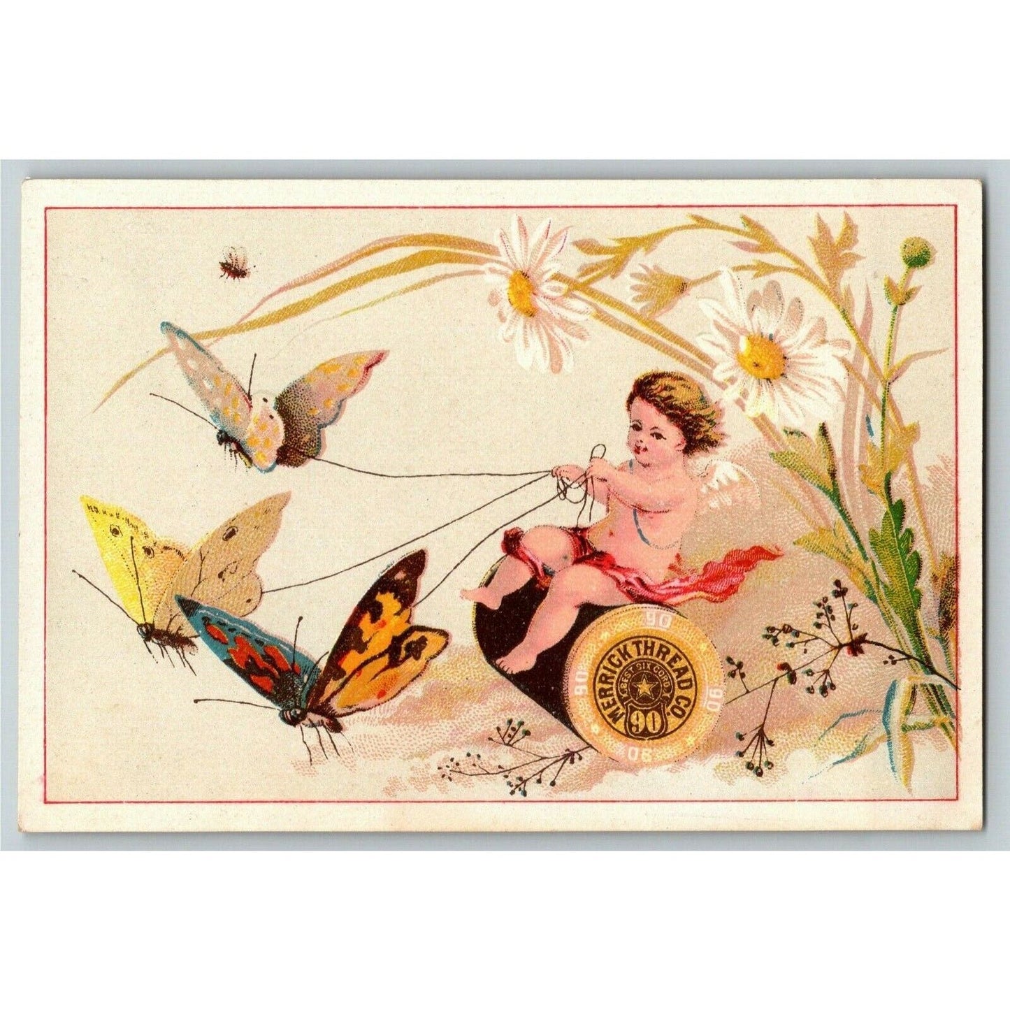 Victorian Trade Card Merrick Thread Cherub Rides Spool Tethered to Butterflies
