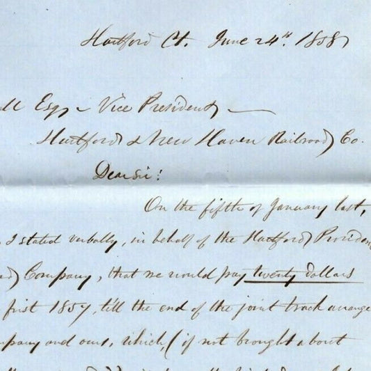 1858 "Joint Track Arrangement" Agreement Letter To NH & Hartford Railroad VP