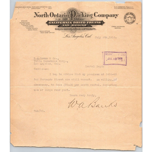 North Ontario Packing Co. Los Angeles 1916 Letterhead Dried Fruits and Raisins