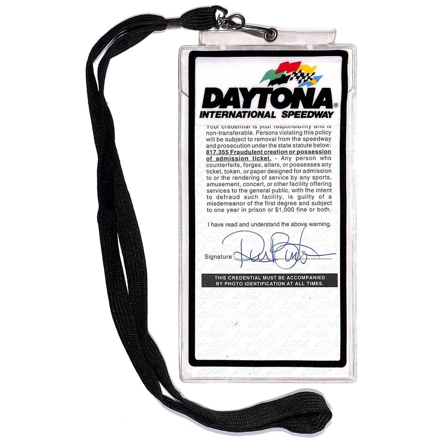 2002 Daytona 500 4-Day Infield Prerace Pass & Lanyard - The Ron Burton Estate