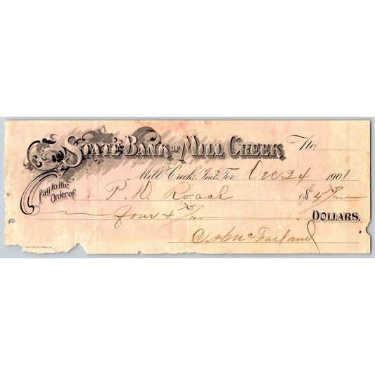 Mill Creek, OK Indian Territory 1901 State Bank Check - Scarce