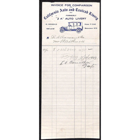 California Auto and Taxicab Livery 1918 Billhead Letterhead - R.A. Rowan