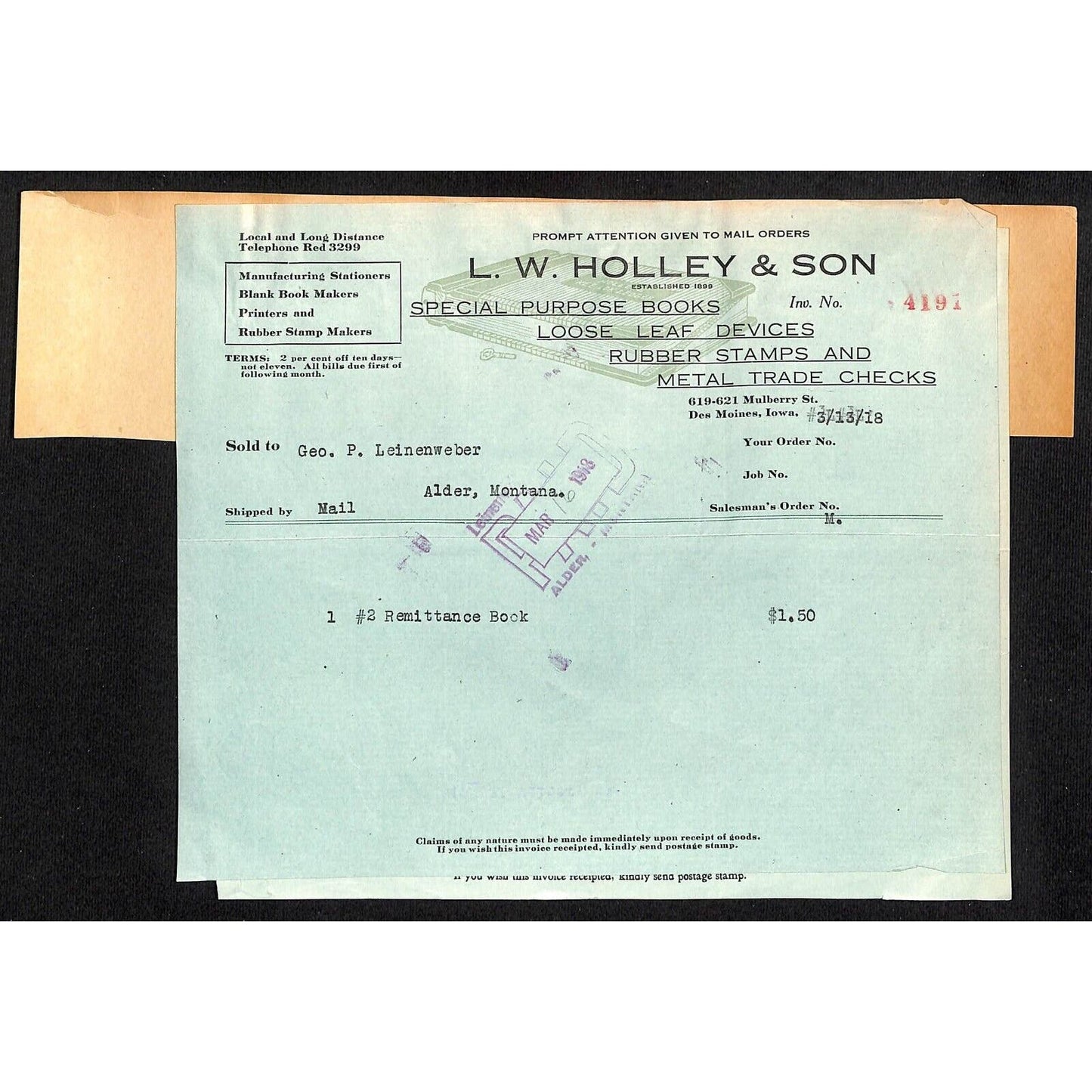 Des Moines, Iowa L.W. Holley & Sons Books Stamps Checks 2 1918 Billheads