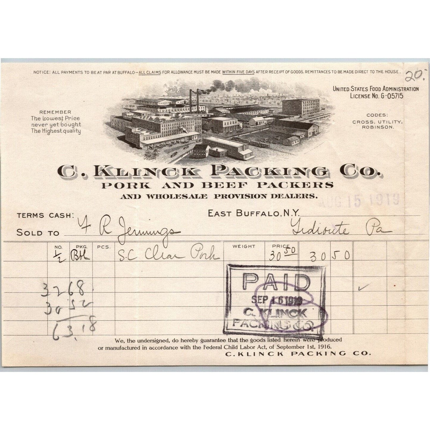 C. Klinck Packing Co. 1919 Letterhead - East Buffalo, NY Pork Beef Provisions
