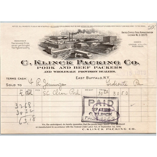 C. Klinck Packing Co. 1919 Letterhead - East Buffalo, NY Pork Beef Provisions