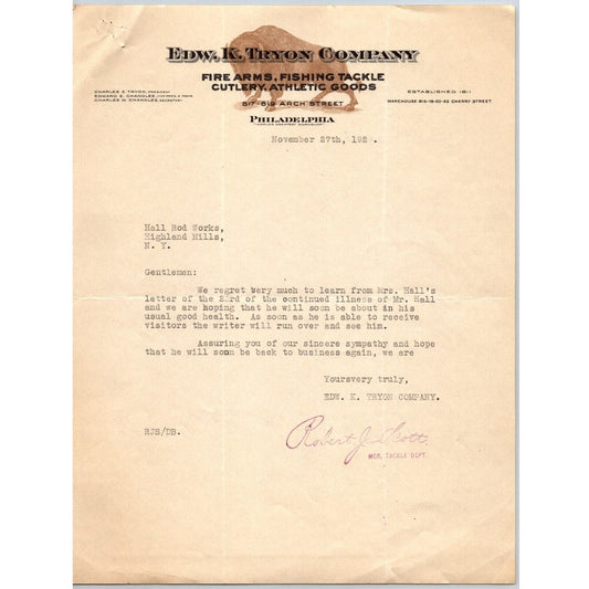 Edw. K. Tryon Company Philadelphia 1929 / Fire Arms Fishing Tackle Letterhead