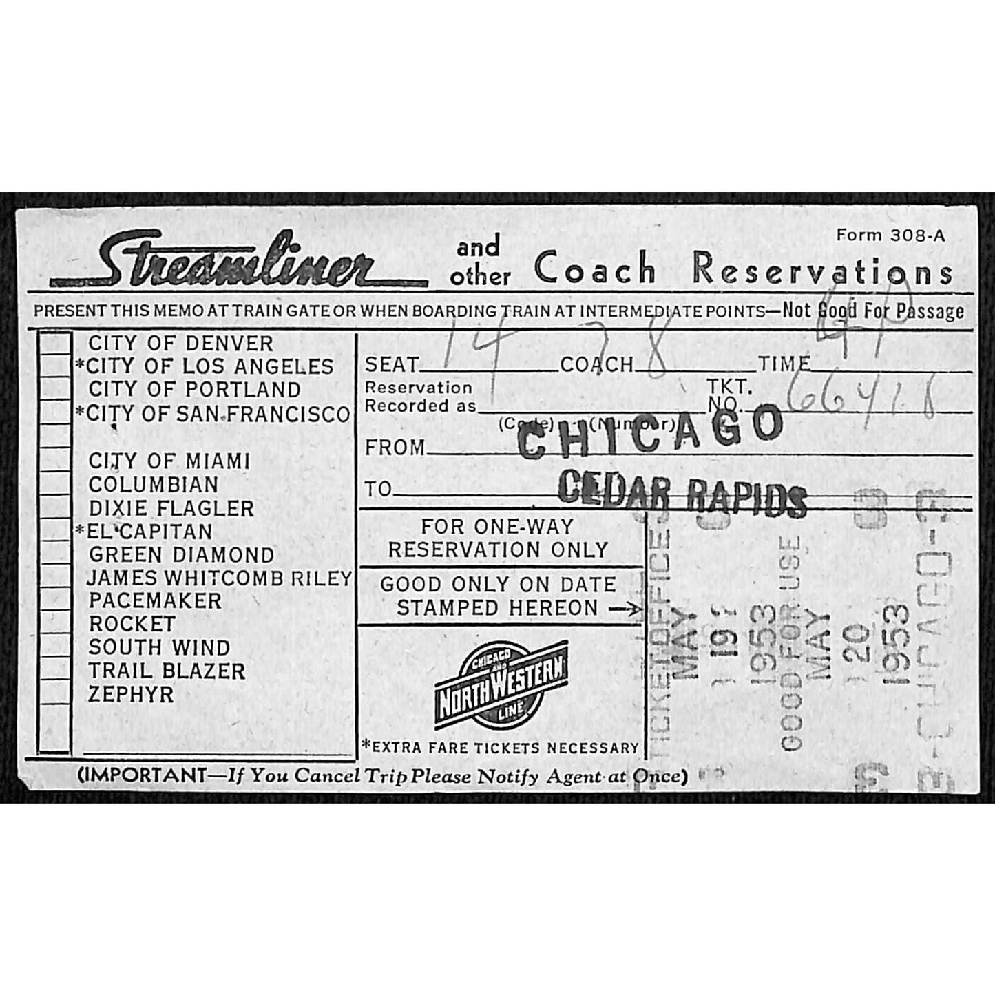 1953 Chicago and North Western Line Streamliner Coach Reservation Cedar Rapids