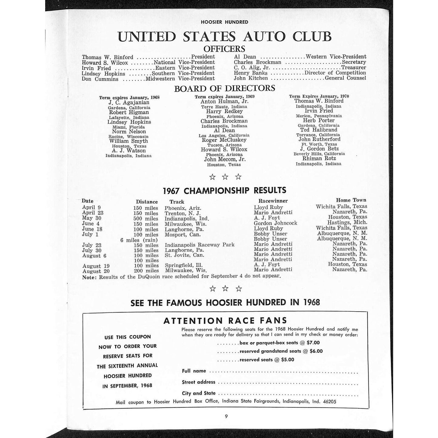Scarce Sept 9 1967 USAC Hoosier Hundred Auto Racing Program Indiana Fairgrounds