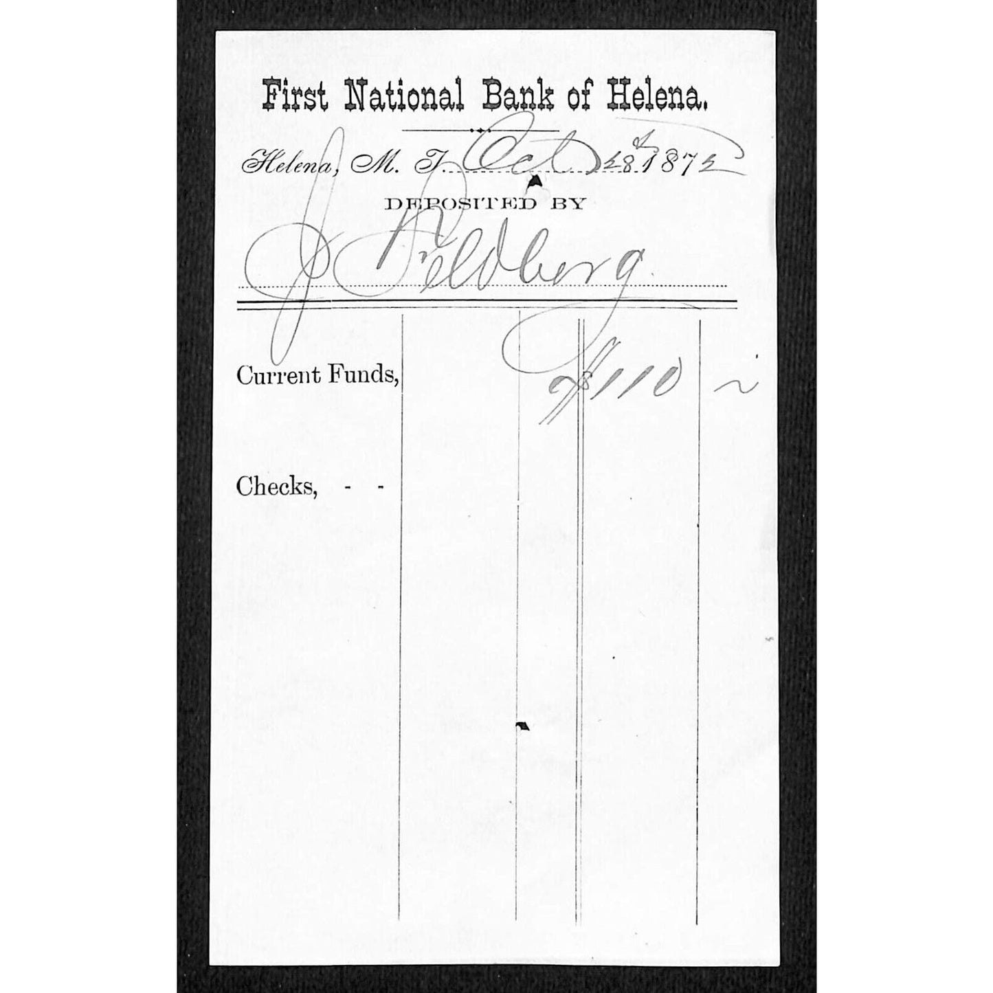 Helena Montana 1872 First National Bank Deposit Receipt / Billhead