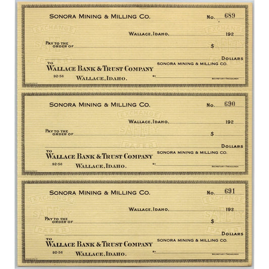 Wallace, ID Sonora Mining & Milling Co. Bank Check Sheet 1920's