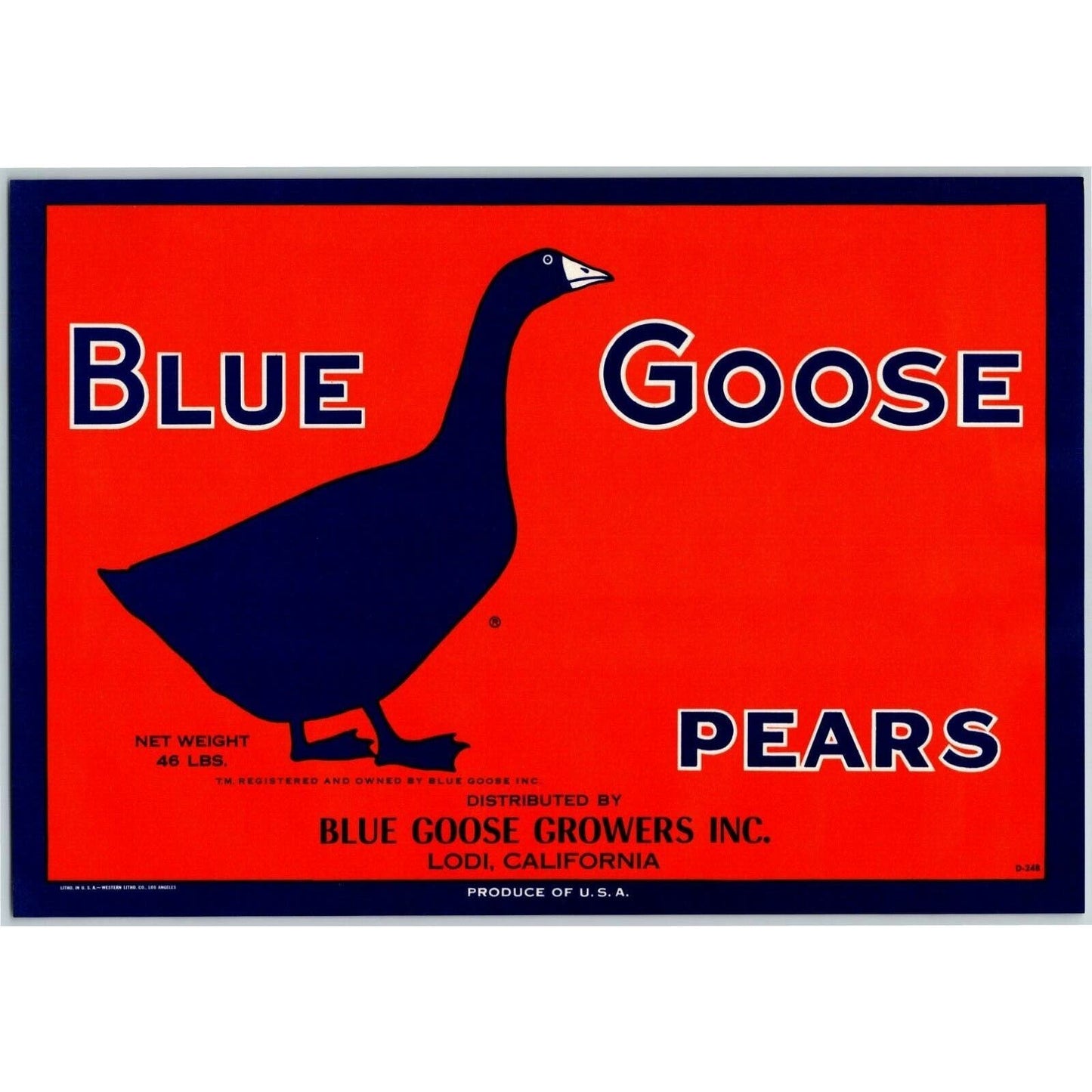 Blue Goose Pears Vintage Original Paper Fruit Crate Label Lodi, CA