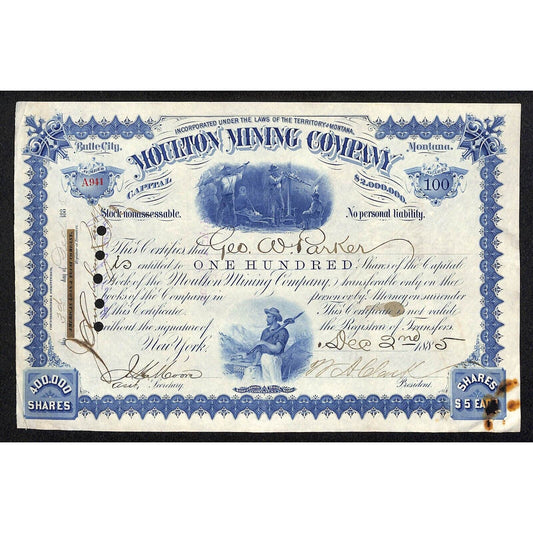 Moulton Mining Company Butte City 1885 Stock Certificate A941 Geo. W. Parker