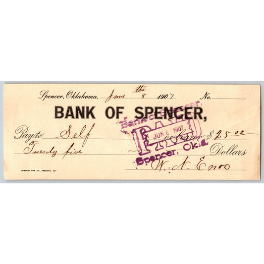 Bank of Spenser Oklahoma 1907 $25 Bank Check to "Self"
