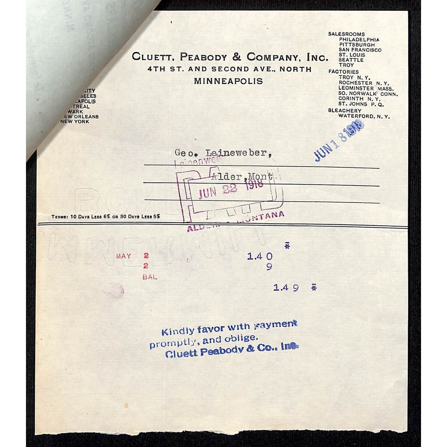 Minneapolis Cluett, Peabody & Co. Arrow Collars Shirts 3 Affixed 1918 Billheads