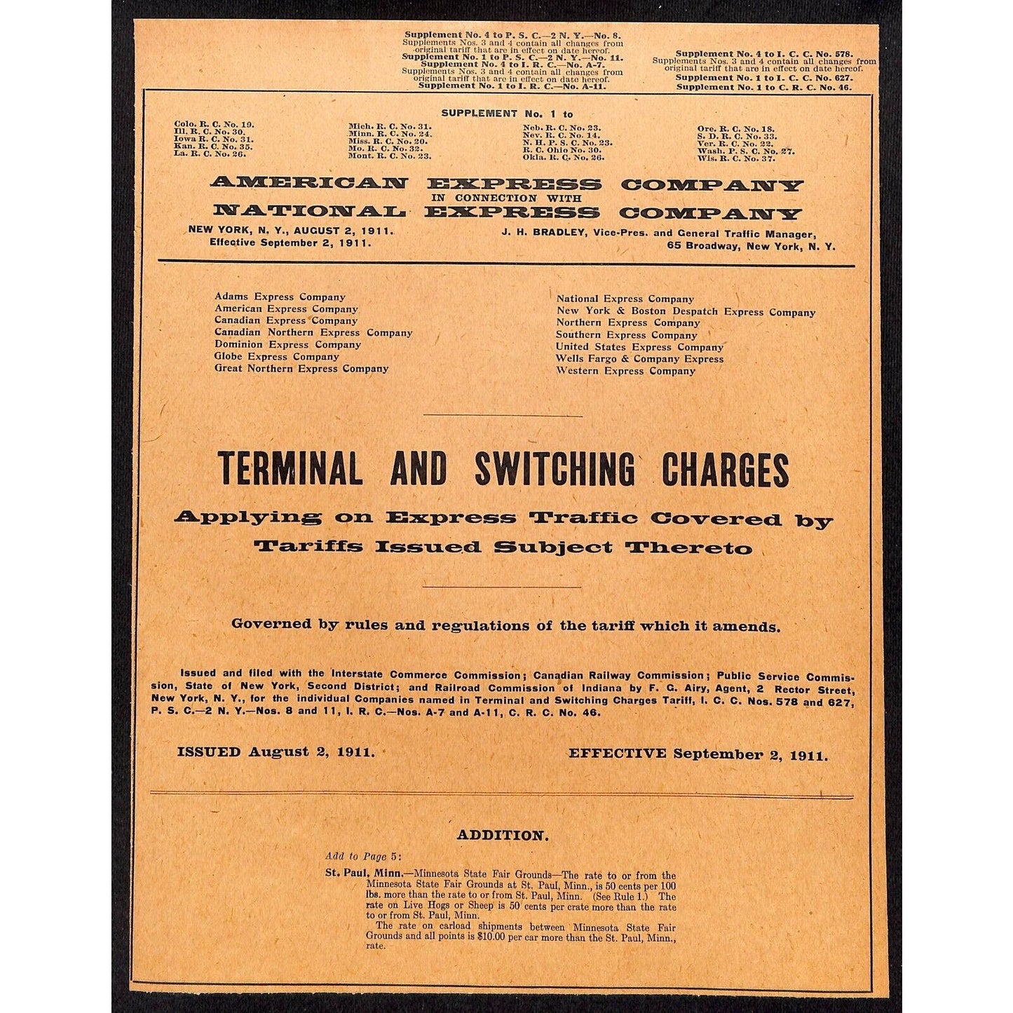 American Express 1911 Terminal & Switching Charges Notice Sheet - Railroad VGC