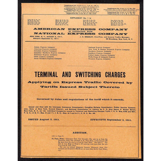 American Express 1911 Terminal & Switching Charges Notice Sheet - Railroad VGC