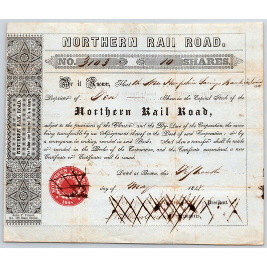 1848 Boston, MA Northern Railroad Stock Certificate No. 3103 for 10 Shares