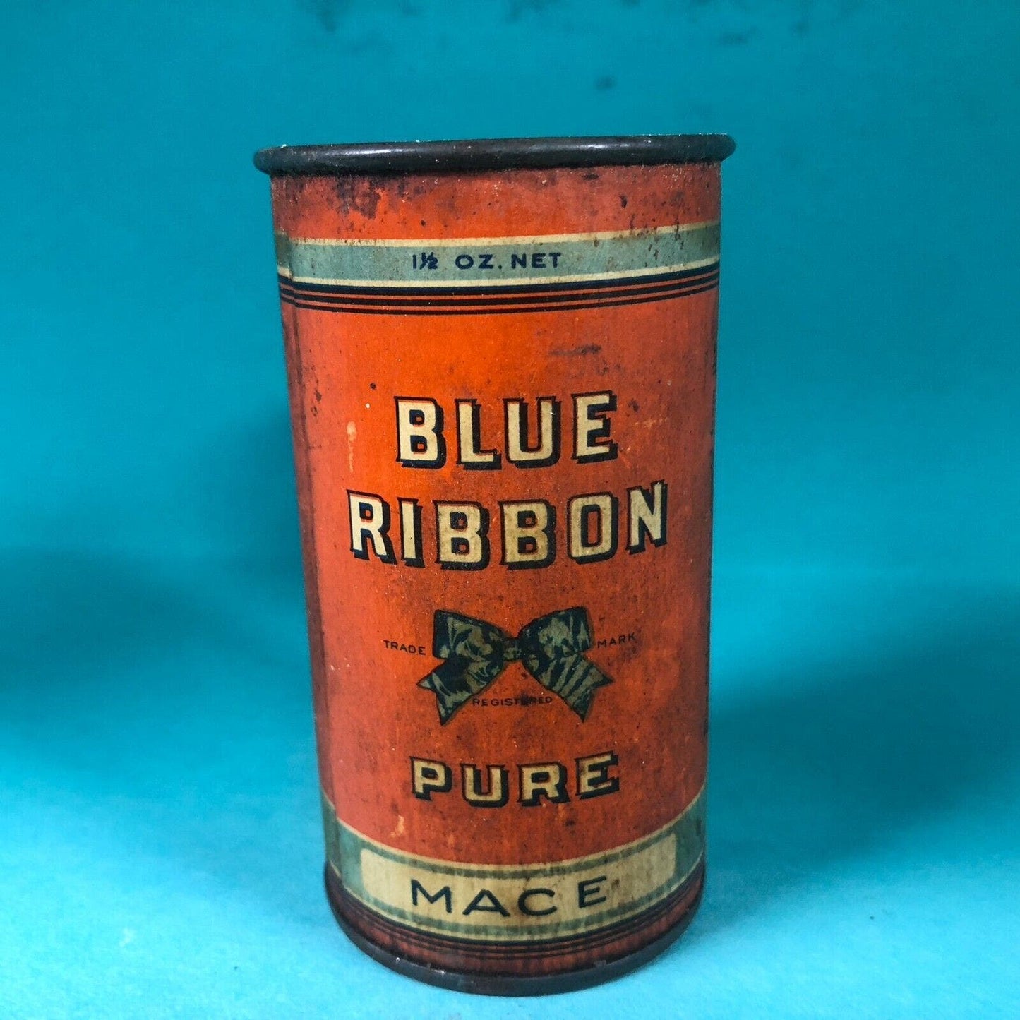 Blue Ribbon Mace Tin Canadian 3"h Fiber Body c1920's-30's Scarce