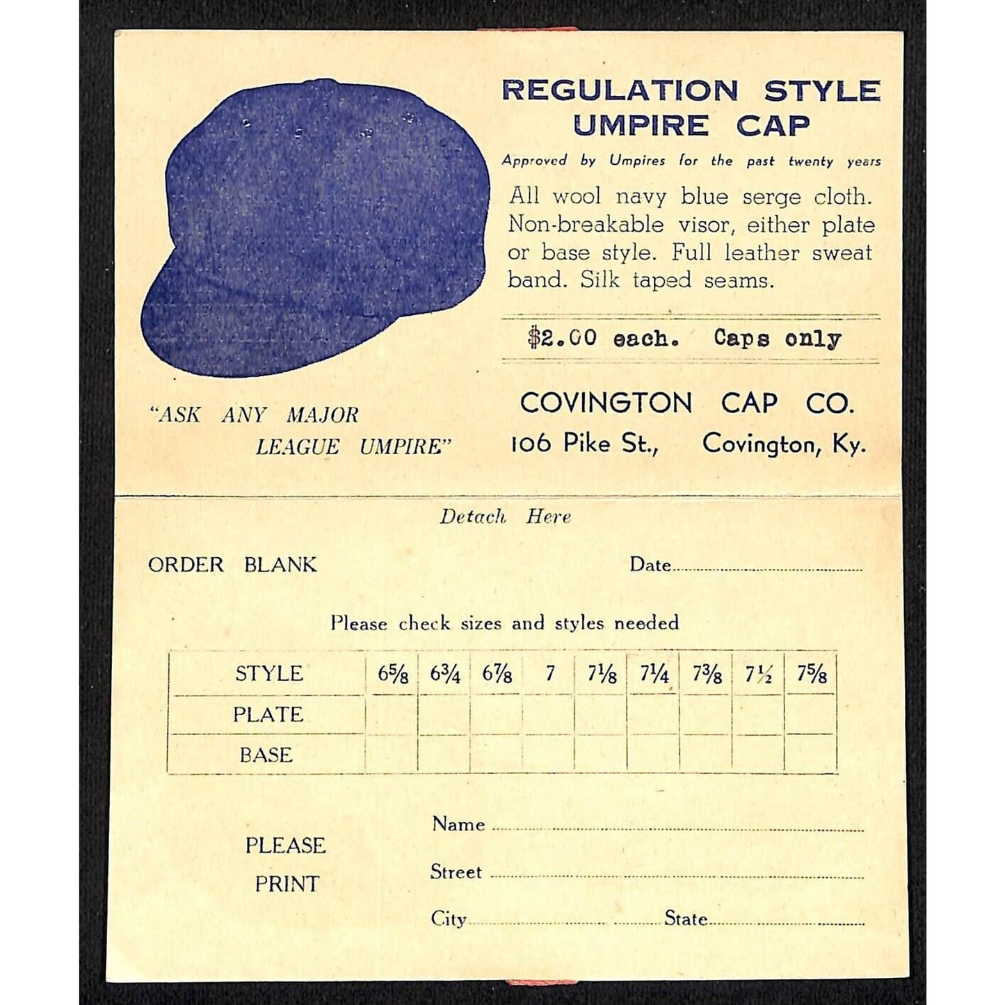 "Covington Cap Co." KY Regulation Style Umpire Cap" Postcard Order Form 1946 VGC