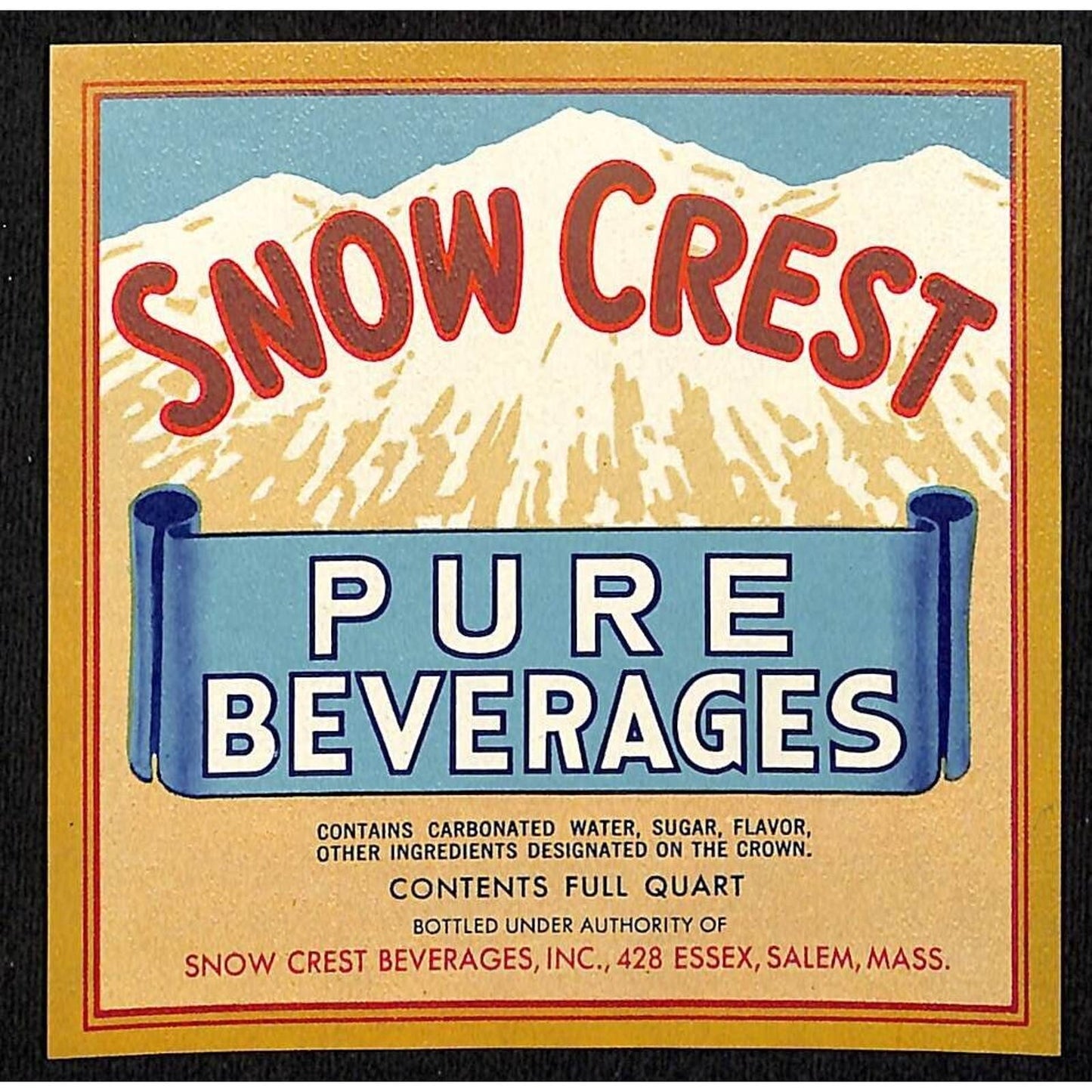 Snow Crest Pure Beverages Paper Soda Label Salem, MASS c1950's