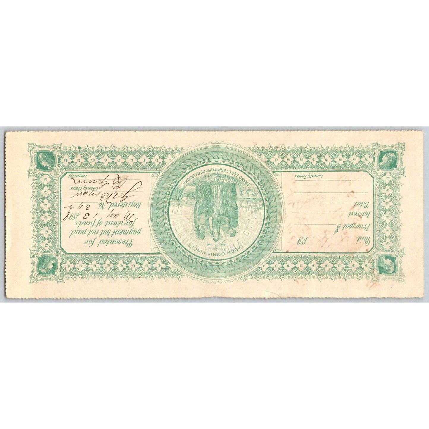 Perry Okla. Territory 1897 Noble County Court Warrant "$ from Liquor Licenses"