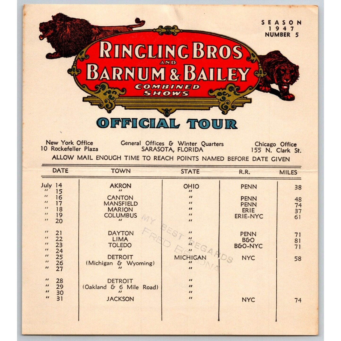 1947 Ringling Bros Barnum Bailey Circus Route Card Akron Columbus Dayton
