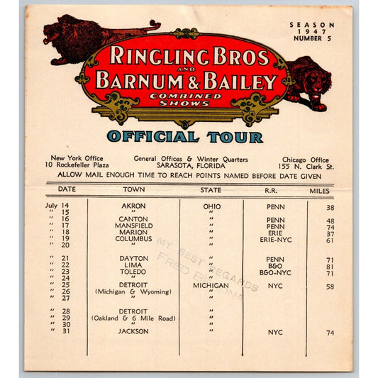 1947 Ringling Bros Barnum Bailey Circus Route Card Akron Columbus Dayton
