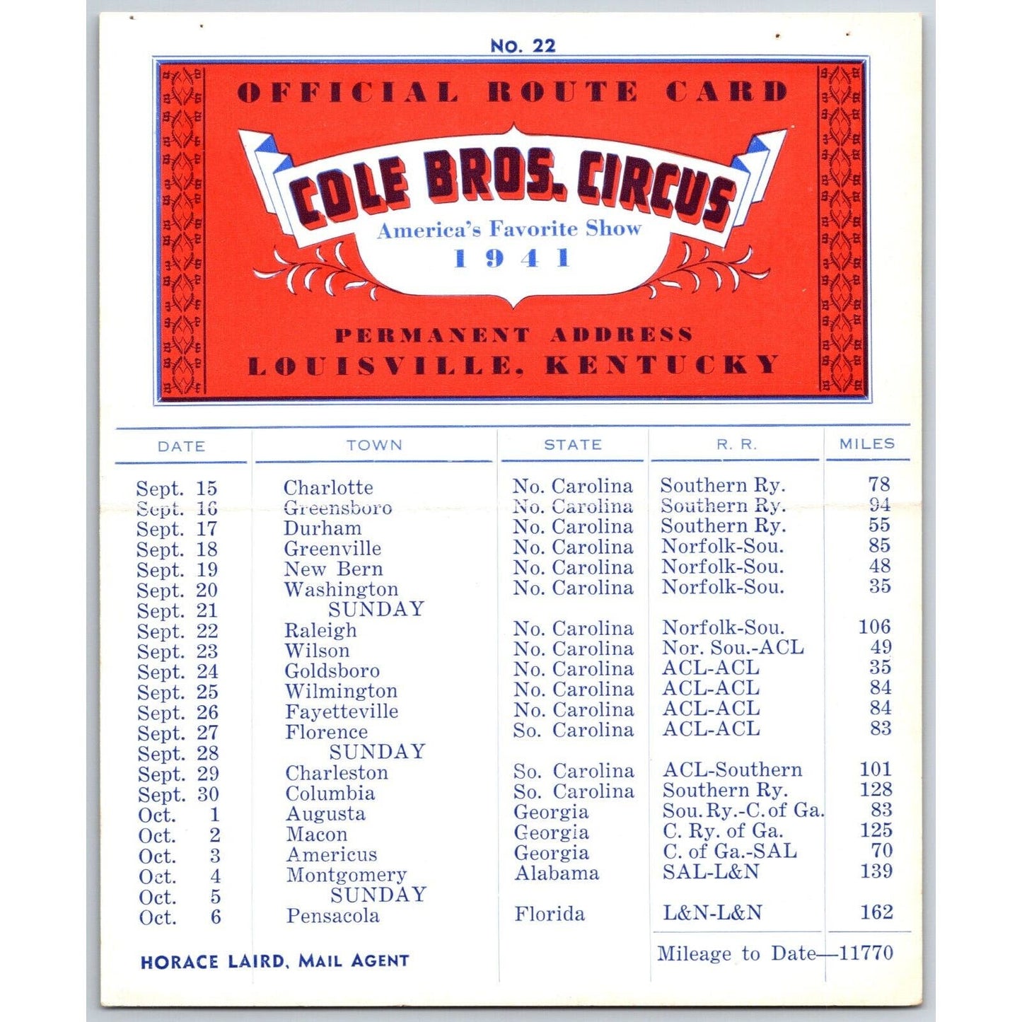 1941 Cole Bros Circus Route Card North South Carolina Alabama Florida