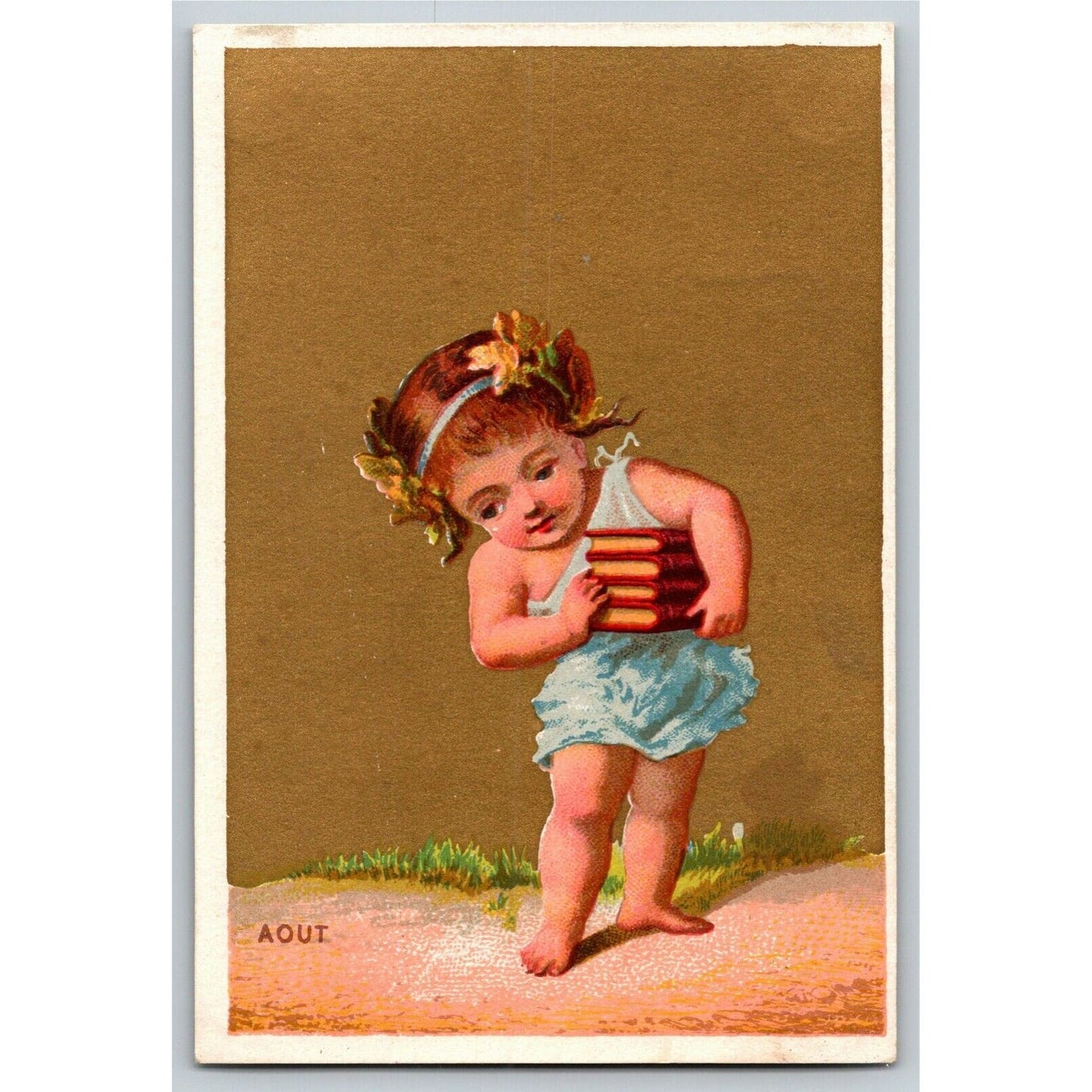 Gilt "Aout" Child Carries Books (Soapine) Unmarked Victorian Trade Card