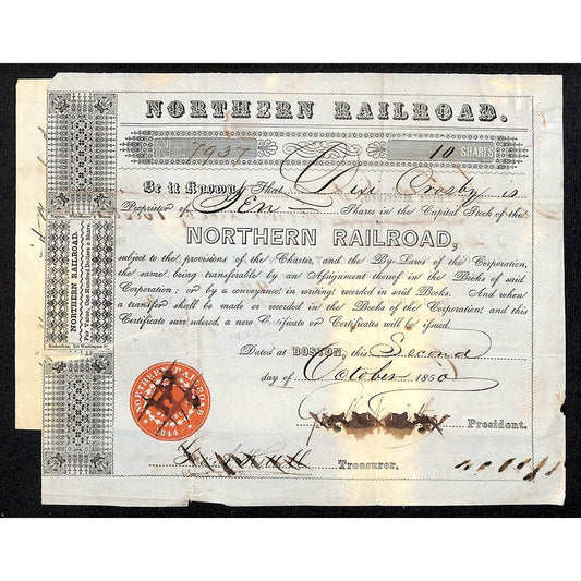 1850 Northern Railroad Stock Certificate & 1852 Attorney Document "Dixie Crosby"