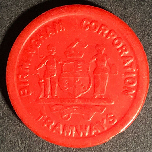 Birmingham Tramways England Plastic Token - Red 1D 22mm c50's-60's
