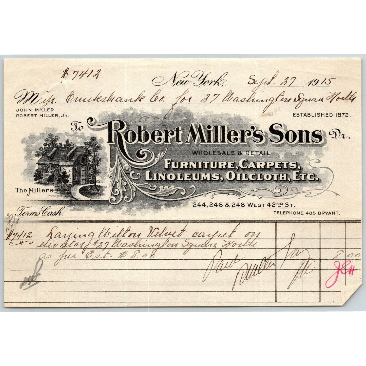 1915 "Robert Miller's Sons" Furniture Carpet Billhead Letterhead W. 42nd St. NYC