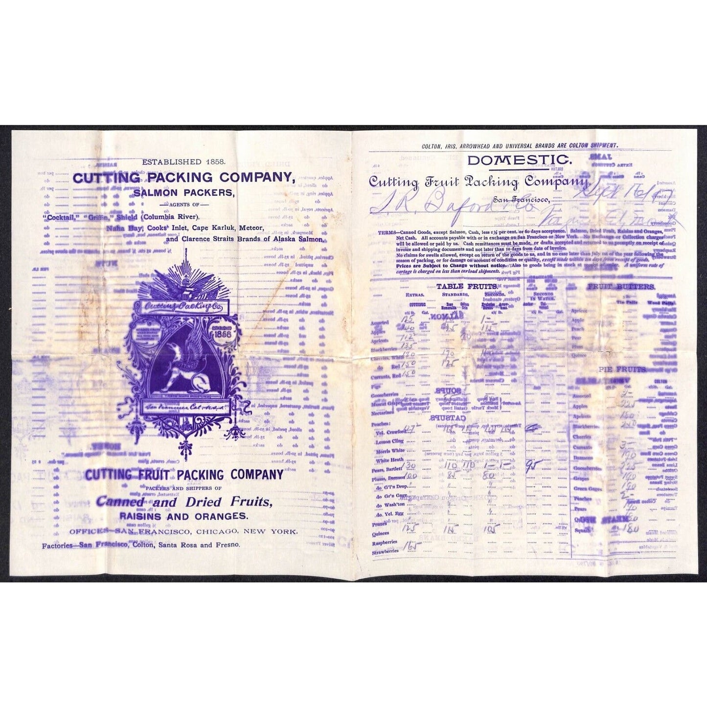 c1890's-90's Cutting Fruit Packing Order Sheet S.R. Buford Virginia City, MT